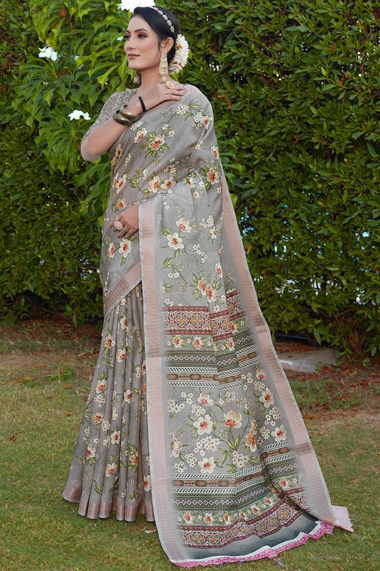 Classic Grey Color Festive Look Saree In Cotton Silk Fabric