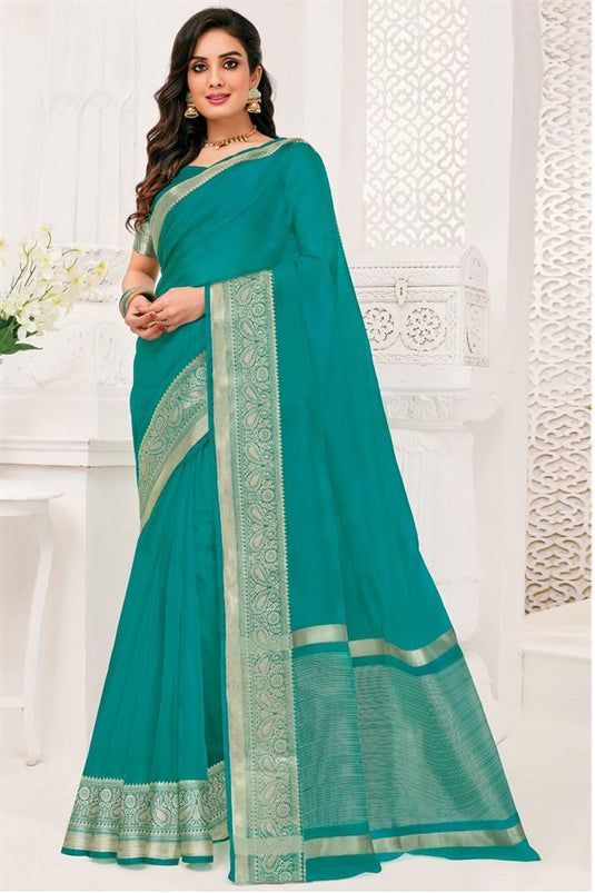 Organza Fabric Cyan Color Splendid Weaving Border Work Saree In Casual Wear