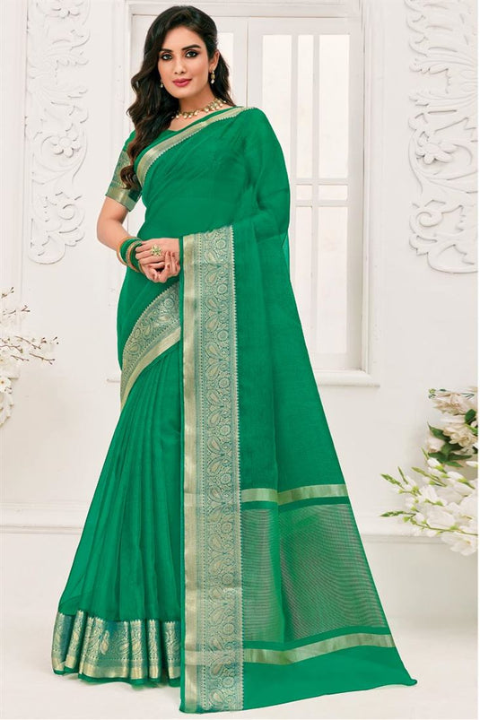 Green Color Intricate Weaving Border Work Casual Wear Saree In Organza Fabric