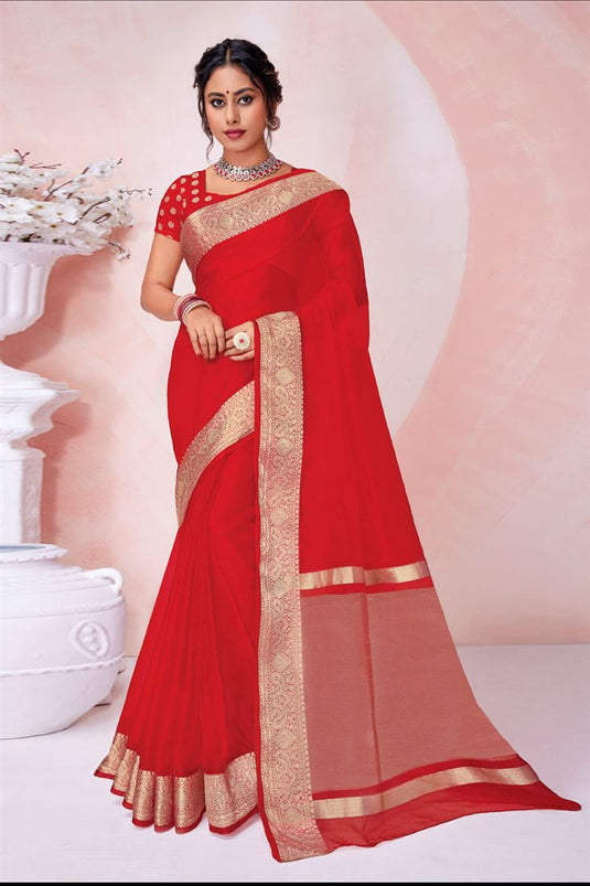 Red Color Festival Look Beautiful Organza Saree