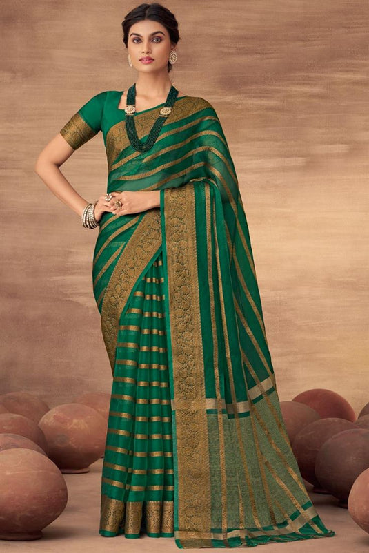 Appealing Green Color Organza Saree With Weaving Work