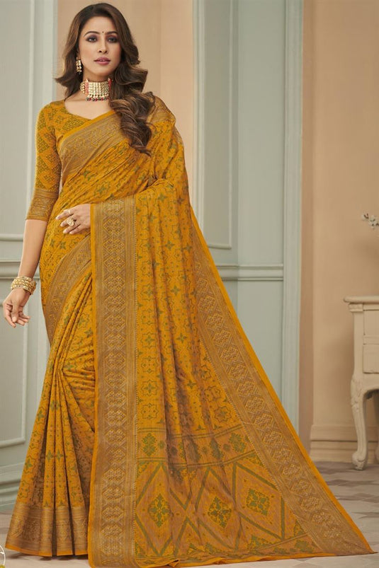 Festive Wear Mustard Color Art Silk Fabric Exquisite Weaving Work Saree