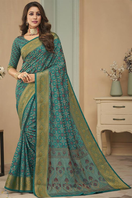 Teal Color Festival Wear Art Silk Fabric Weaving Work Pleasant Saree