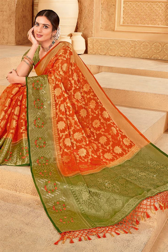 Orange Color Weaving Work On Organza Beatific Saree