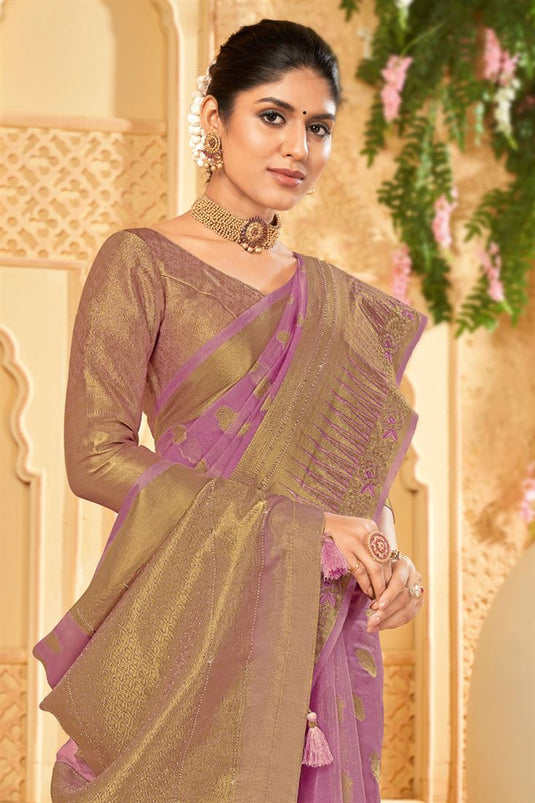 Marvellous Weaving Work On Organza Saree In Lavender Color