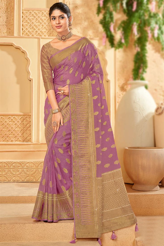 Marvellous Weaving Work On Organza Saree In Lavender Color