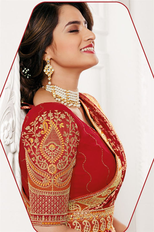 Georgette Tempting Embroidered Saree For Party In Red Color