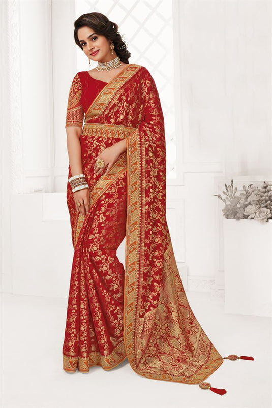 Georgette Tempting Embroidered Saree For Party In Red Color