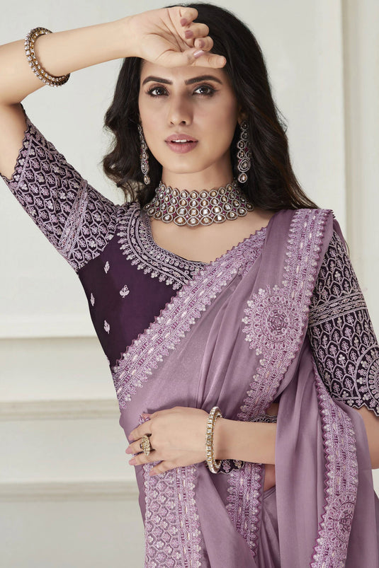 Lavender Color Pashmina Fabric Special Saree With Embroidered Work