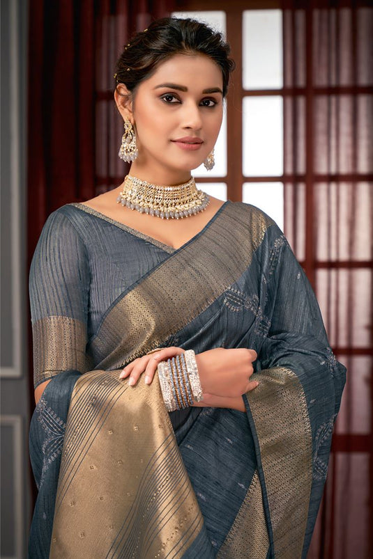 Grey Color Linen Fabric Admirable Weaving Work Saree In Function Wear