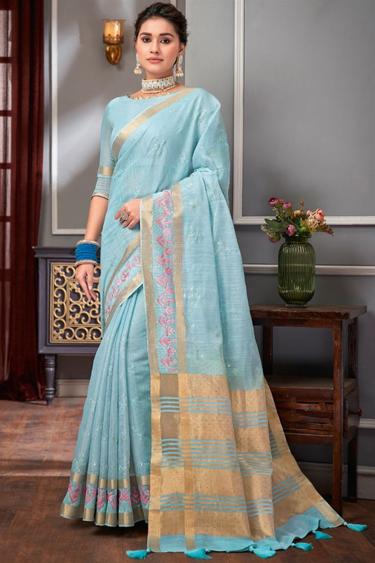 Sky Blue Color Linen Fabric Function Wear Subline Weaving Work Saree