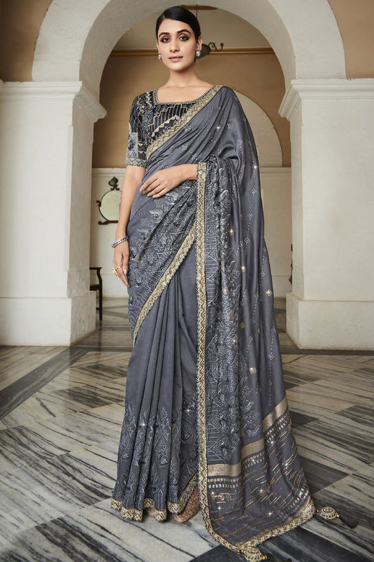 Grey Color Festive Wear Silk Fabric Trendy Saree With Embroidered Designer Blouse