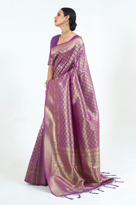 Beguiling Violet Color Pure Weaving Silk Saree With Handloom Pallu