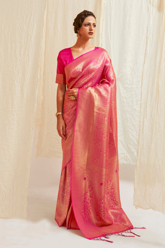 Pink Color Gorgeous Handloom Zari Weaving Silk Saree With Kanjivaram Blouse