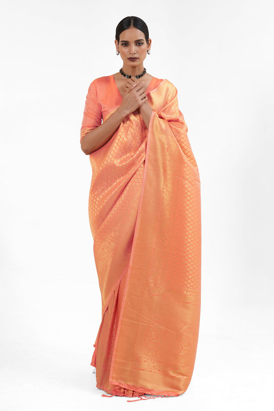 Winsome Handloom Weaving Peach Color Silk Fabric Saree