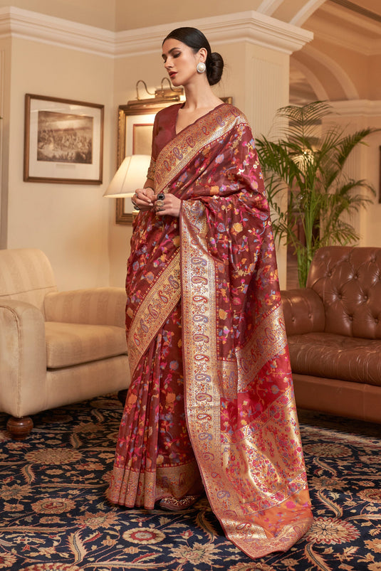 Blazing Maroon Color Kashmiri Modal Handloom Weaving Silk Saree