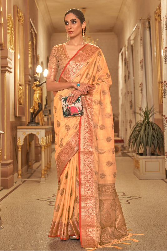 Peach Color Brilliant Handloom Weaving Silk Saree