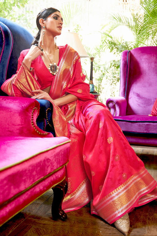 Marvelous Art Silk Fabric Weaving Work Saree In Rani Color