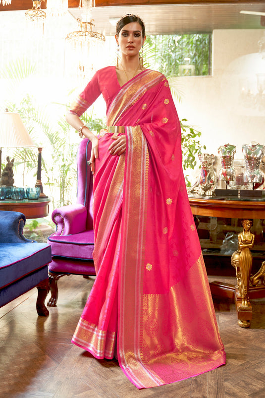 Marvelous Art Silk Fabric Weaving Work Saree In Rani Color
