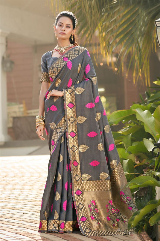 Attractive Grey Color Art Silk Festive Wear Saree