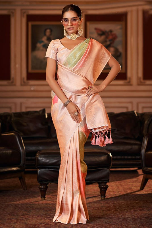 Marvellous Jacquard Fabric Peach Color Digital Printed Saree