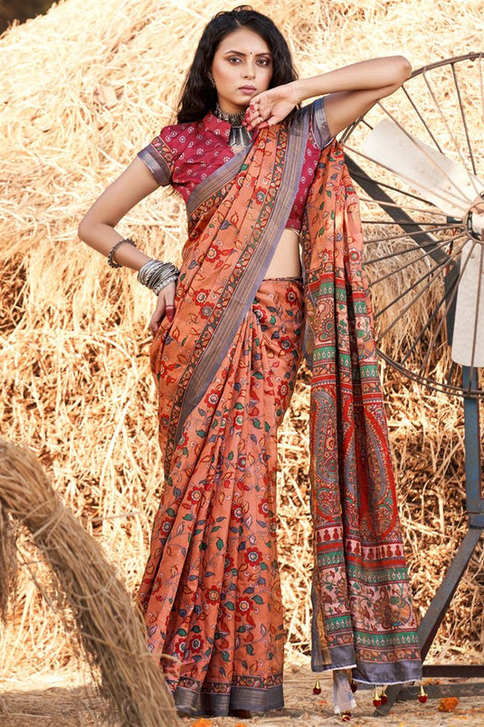 Cotton Imposing Printed Casual Saree In Orange Color