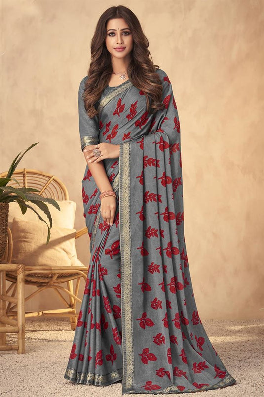 Grey Color Ravishing Georgette Saree With Printed Work