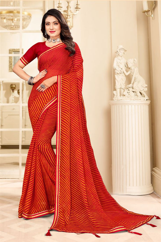 Red Color Chiffon Fabric Tempting Casual Wear Saree