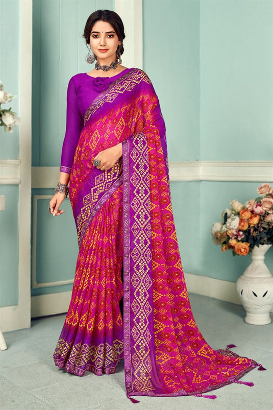 Rani Color Printed Attractive Saree In Chiffon Fabric