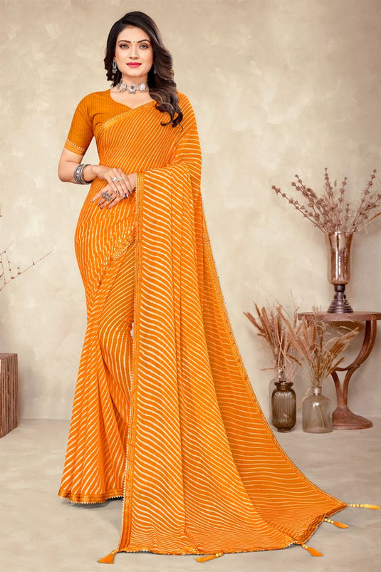 Chiffon Fabric Printed Work On Soothing Saree Mustard Color