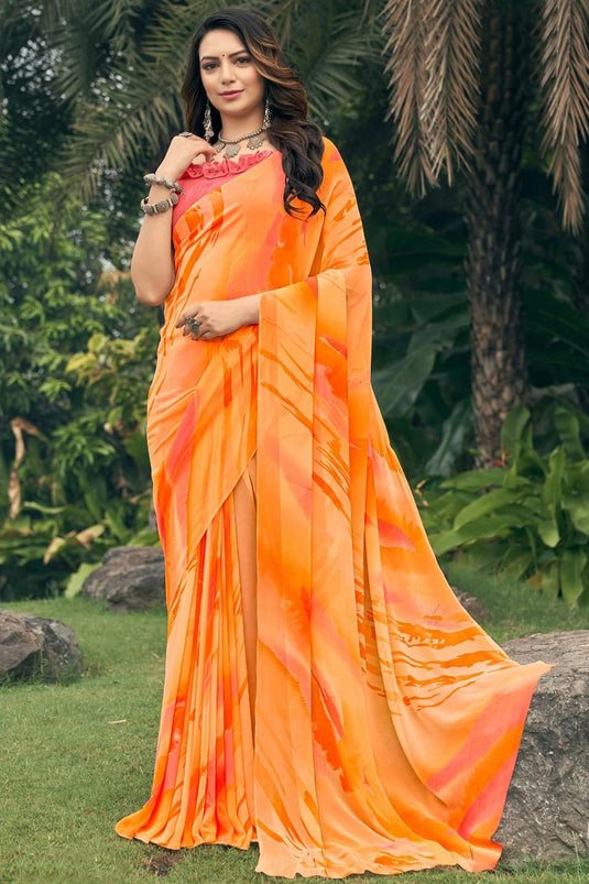 Classic Printed Orange Color Georgette Saree