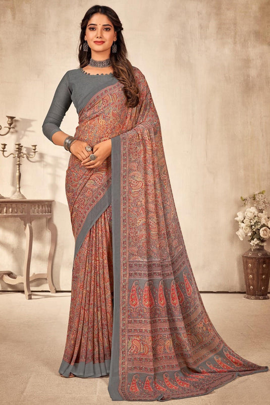 Excellent Georgette Brown Color Printed Saree