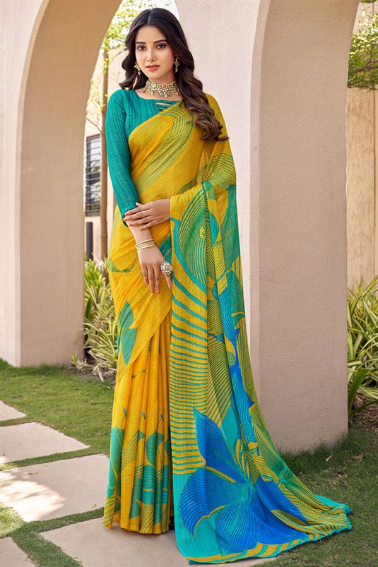 Yellow Color Adorming Casual Look Chiffon Printed Saree