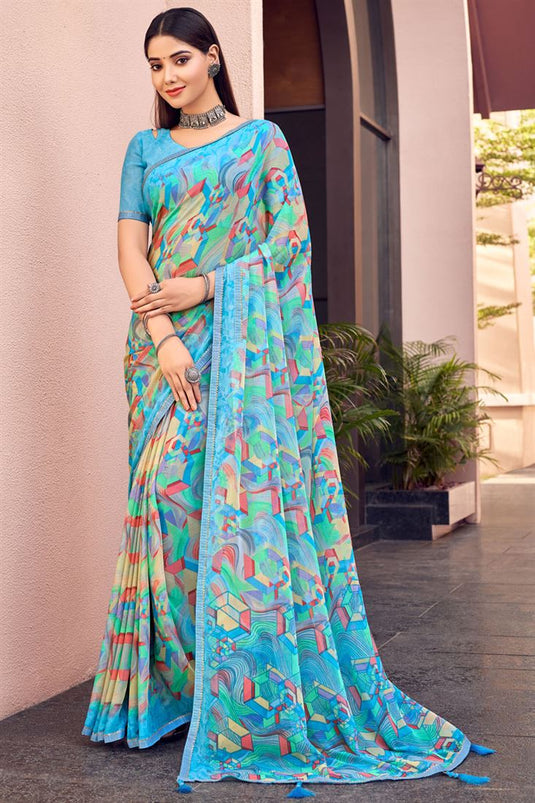 Sky Blue Color Traditional Look Chiffon Saree With Printed Work