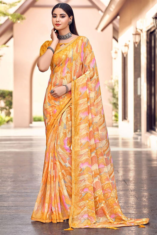 Printed Yellow Color Awesome Chiffon Casual Saree