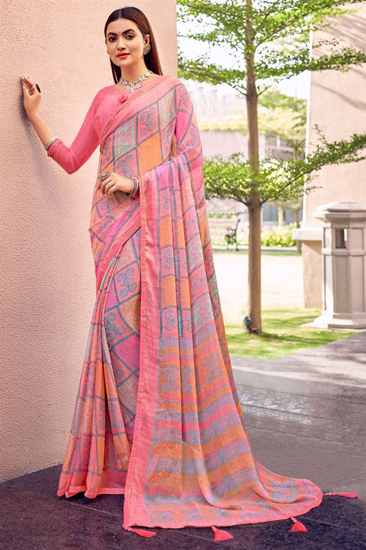 Alluring Printed Work Chiffon Casual Saree In Pink Color