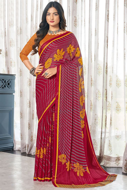 Fantastic Maroon Color Printed Designs Satin Saree In Casual Wear