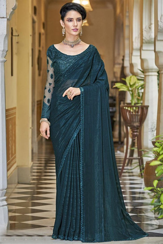 Chiffon Fabric Sequins Work Wonderful Party Style Saree In Teal Color