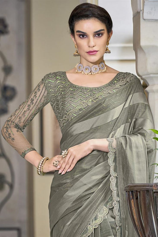 Grey Color Chiffon Fabric Sequins Work Awesome Party Style Saree