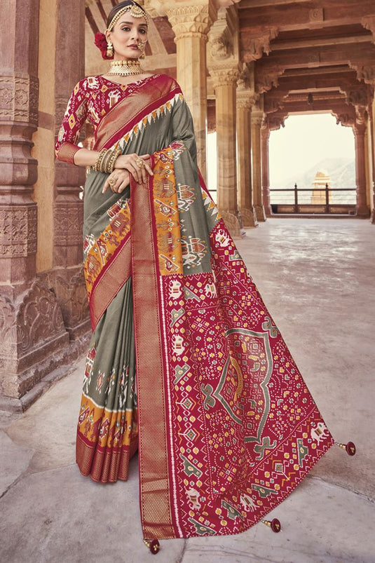 Grey Color Patola Silk Patterned Printed Saree