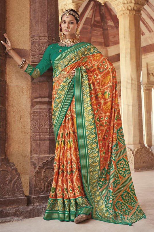 Orange Color Patola Silk Riveting Printed Saree