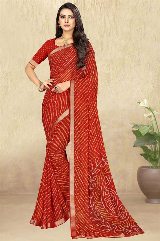 Chiffon Fabric Red Color Printed Casual Wear Engrossing Saree