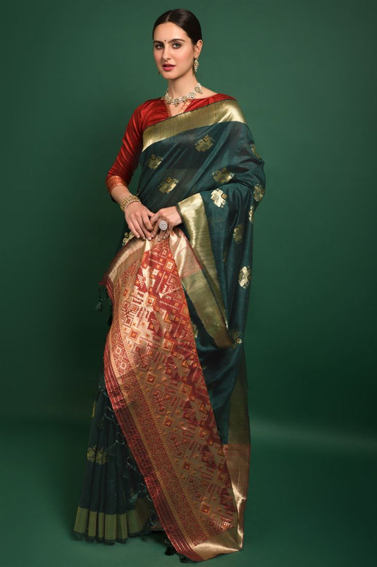 Festival Wear Dark Green Color Embellished Art Silk Fabric Saree With Weaving Work