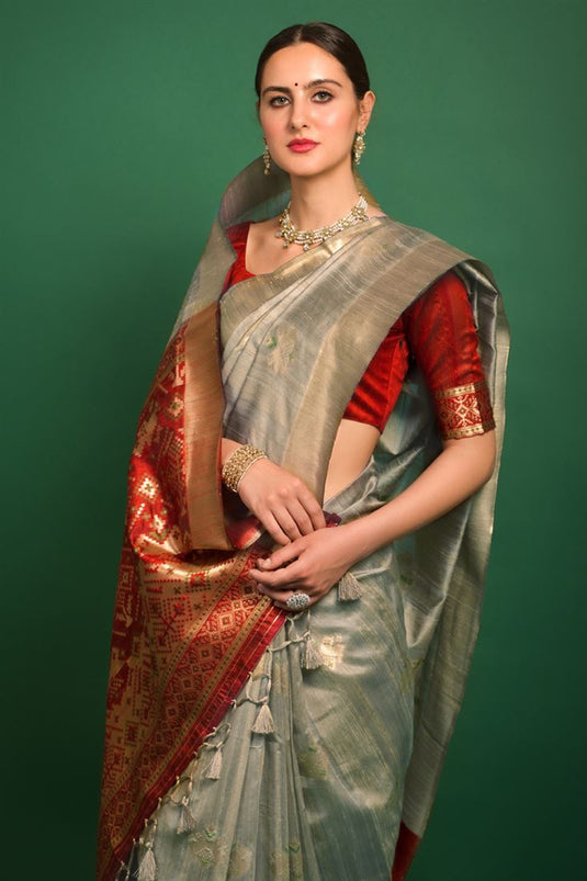 Grey Color Ravishing Art Silk Fabric Festival Wear Saree With Weaving Work