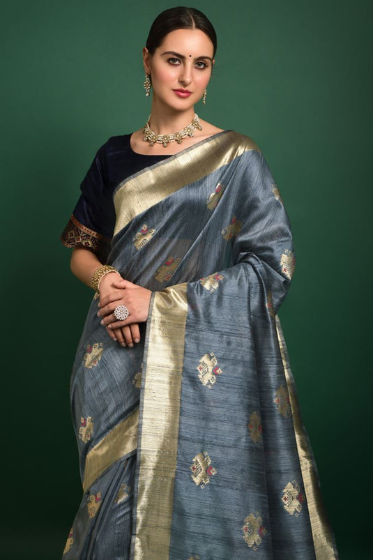 Grey Color Festival Wear Tempting Art Silk Fabric Saree With Weaving Work