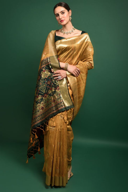 Festival Wear Mustard Color Trendy Art Silk Fabric Saree With Weaving Work