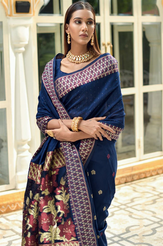 Beguiling Navy Blue Color Casual Look Cotton Silk Saree