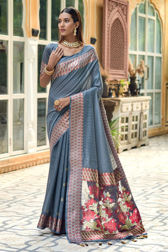 Casual Look Grey Color Embellished Cotton Silk Saree