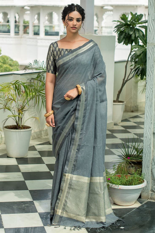 Radiant Grey Color Linen Fabric Regular Saree