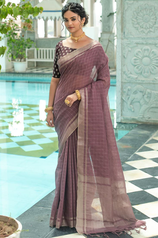 Tempting Linen Fabric Lavender Color Regular Saree